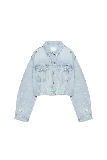 Zara TRF RIPPED DENIM JACKET - Light blue