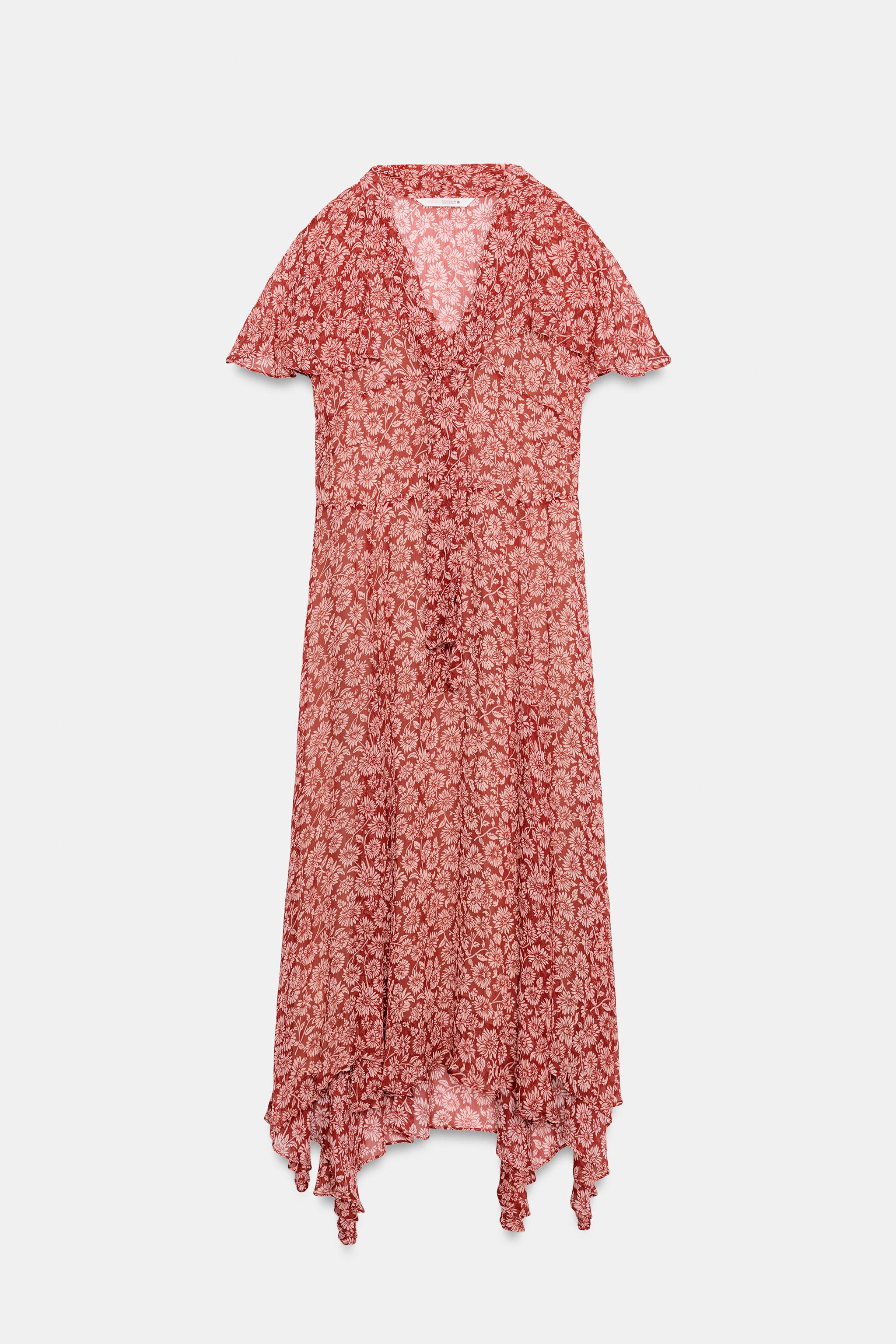zara floral dress red PRINTED POPLIN MIDI DRESS - Red / White