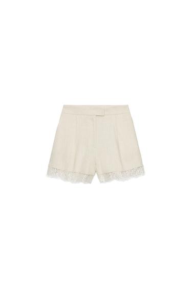 Zara PLEATED LACE SHORTS - Light beige