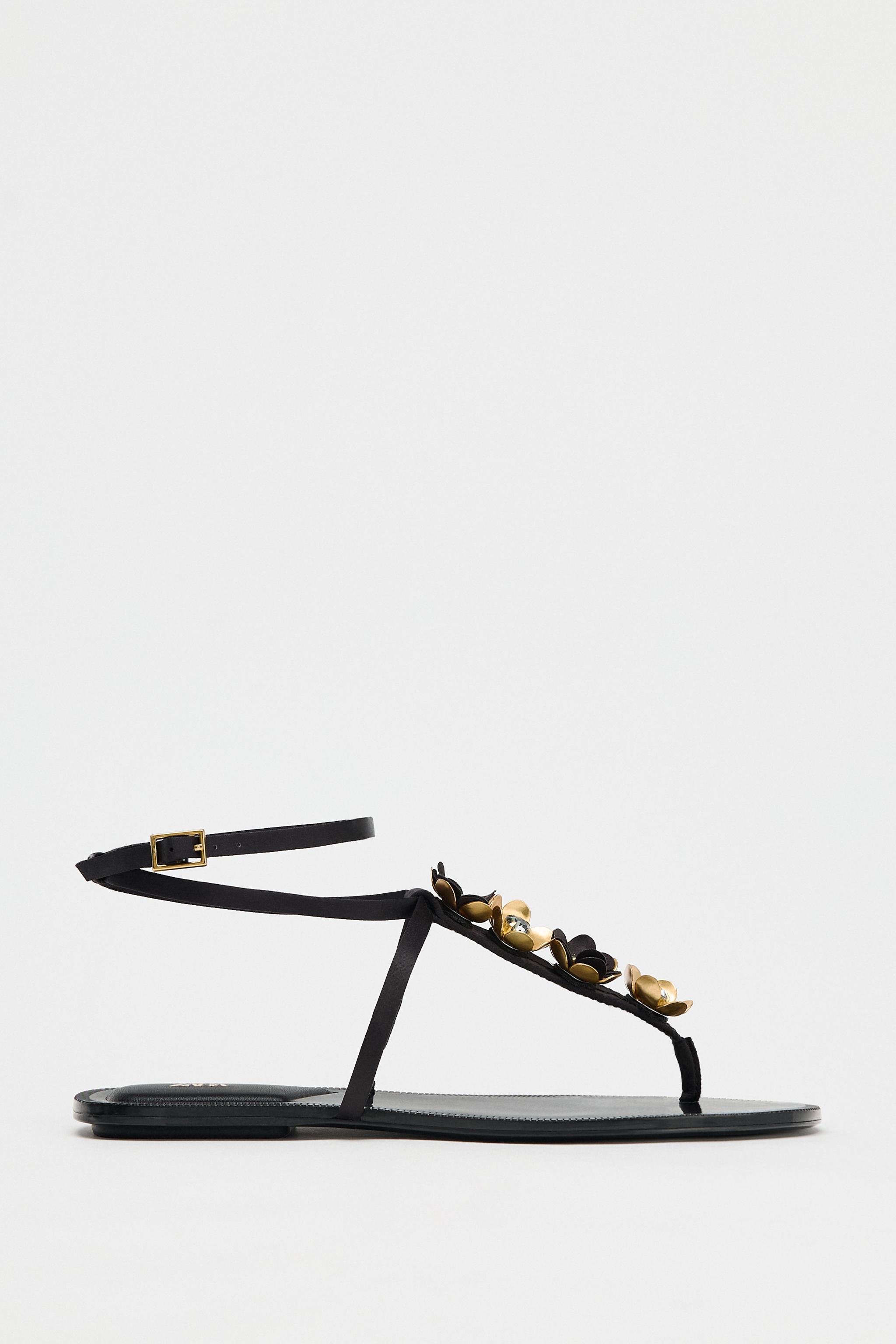 フラワー付きフラットサンダル - ブラック | ZARA Japan / 日本 フラワー付きフラットサンダル - ブラック | ZARA Japan / 日本