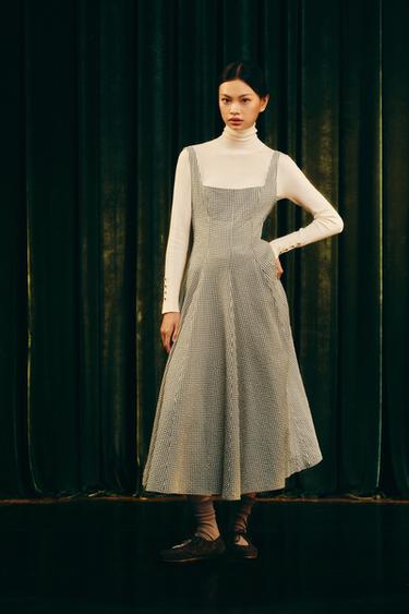 Zara GINGHAM 格紋中長版洋裝 - 白色 / 綠色