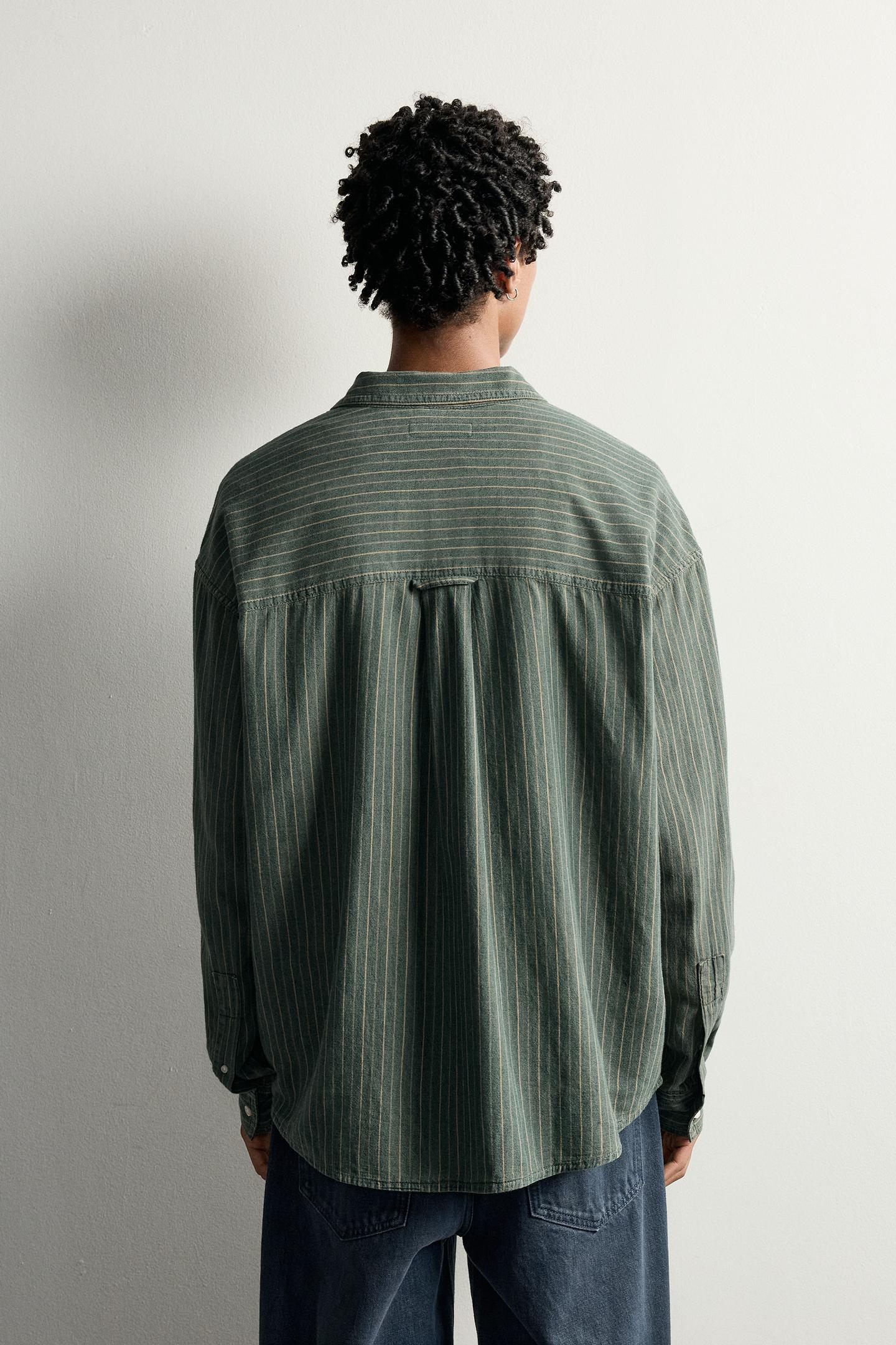 Мужская рубашка Zara Relaxed Fit Striped, цвет: Зелёный / Синий — фото 3