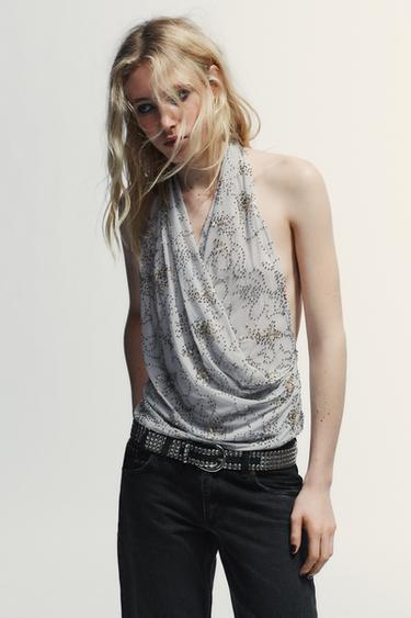 TOP HÀLTER AMB BRODATS I GRANADURES - Blau / gris de Zara