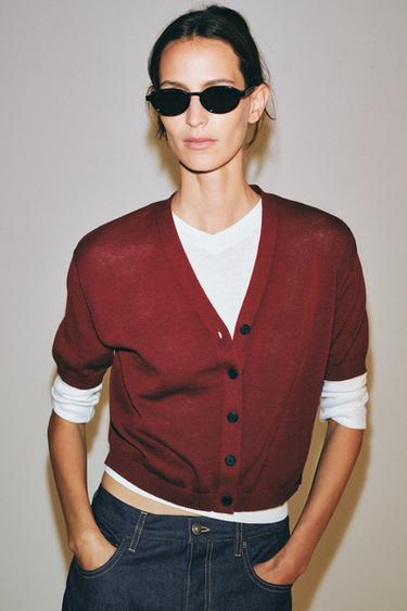 SHORT SLEEVE KNIT CARDIGAN - Burgundy by Zara
