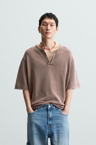 Zara WASHED KNIT BUTTON-UP T-SHIRT - Chalk pink