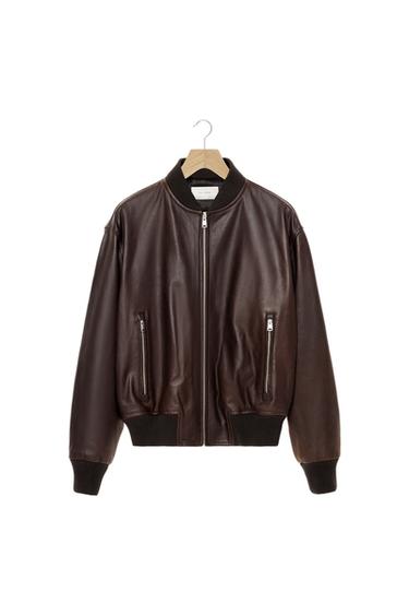 Zara WAXED LEATHER BOMBER JACKET - Dark brown