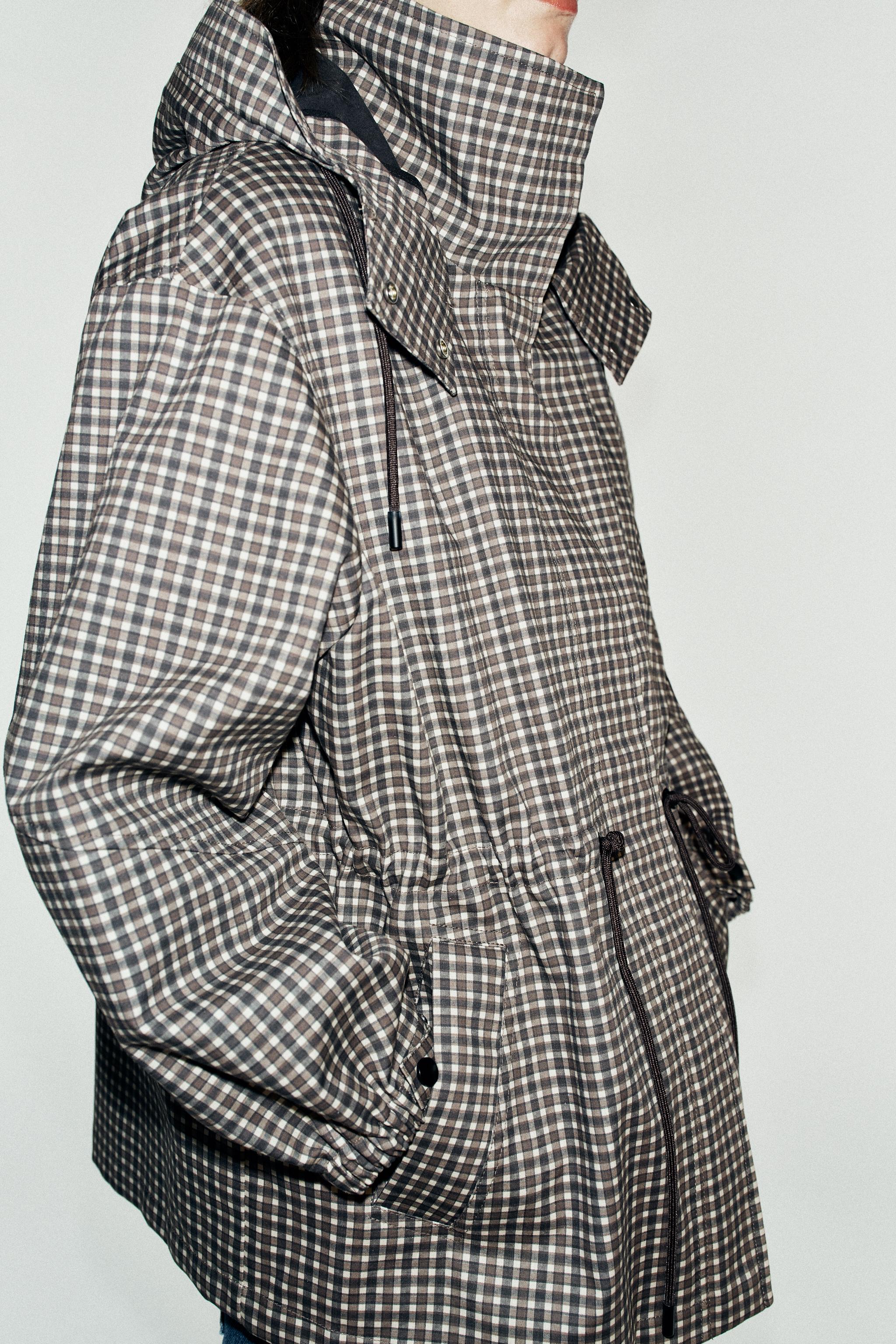 PLAID HOODED JACKET — Brown