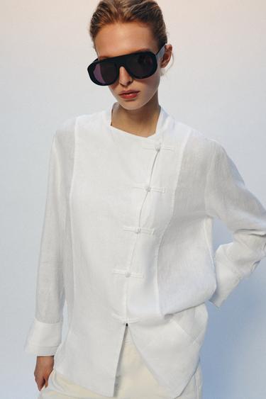 ÁO SƠ MI KHUY HÌNH MÓC 100% VẢI LINEN ZW COLLECTION - Màu trắng từ Zara