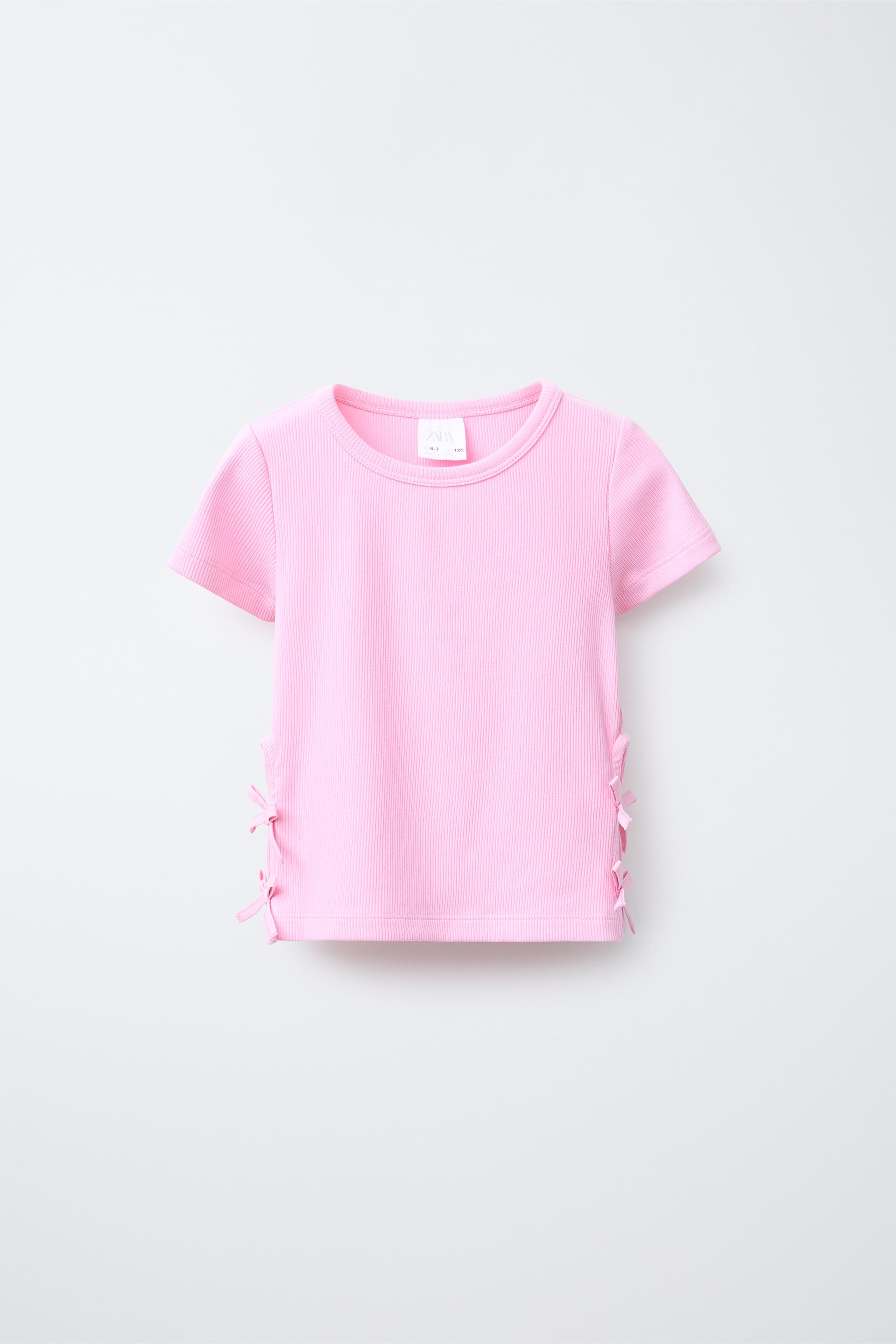 RIBBED CUT-OUT T-SHIRT WITH BOWS - Pink | ZARA New Zealand