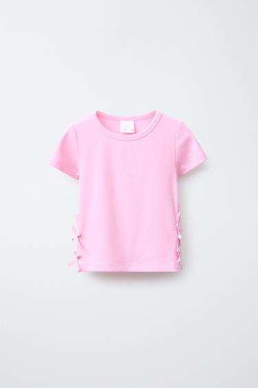 Zara RIBBED CUT OUT BOW T-SHIRT - Pink