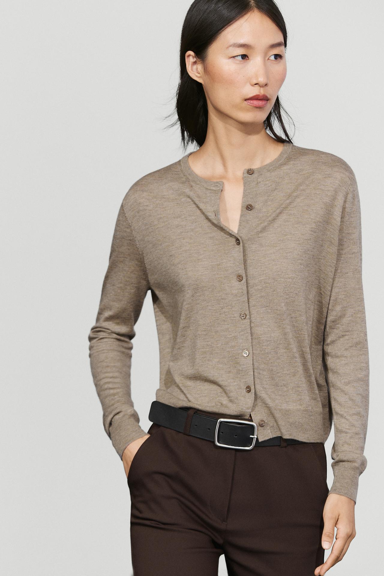 Fine-knit round neck cardigan — Beige marl