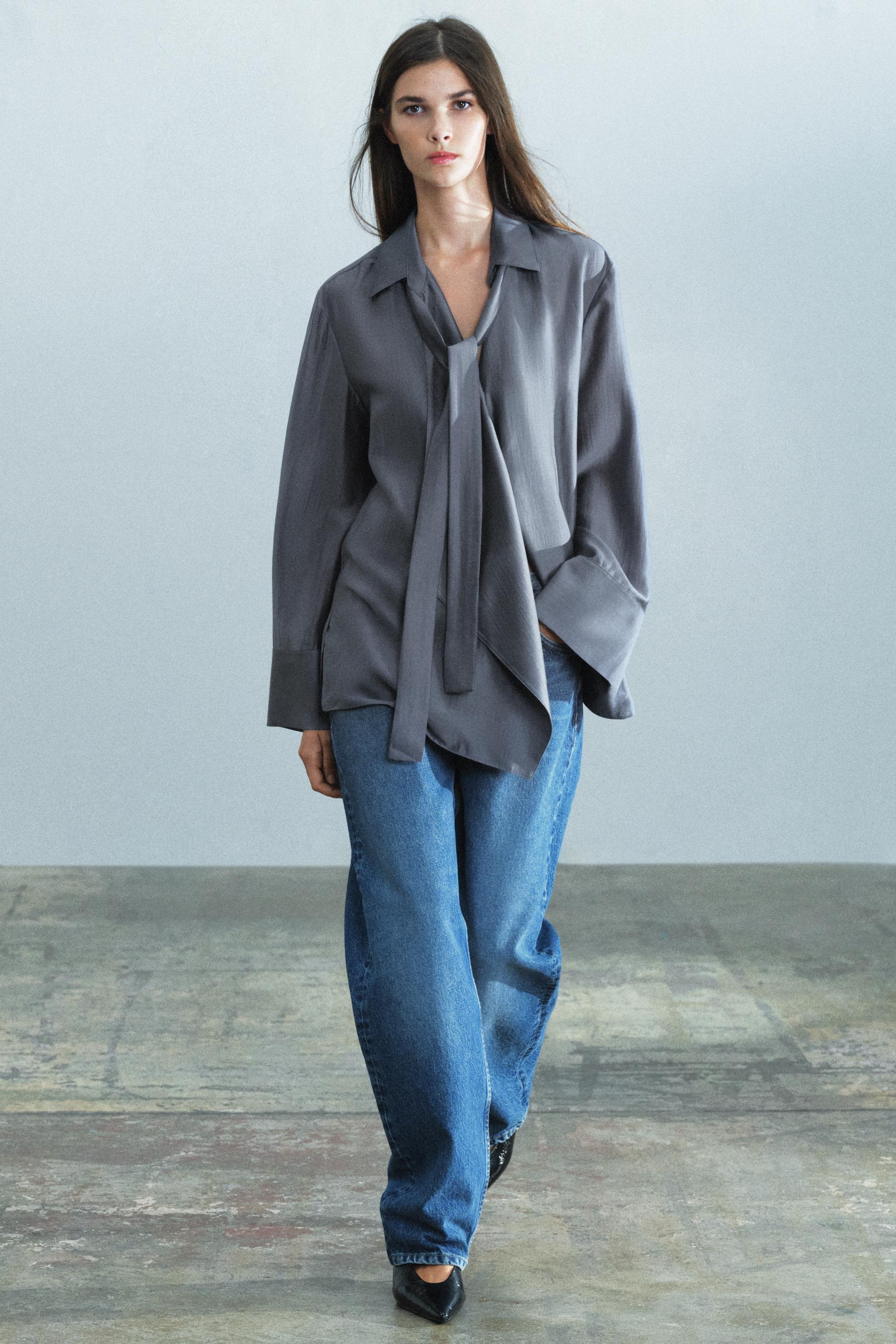 ZW COLLECTION リボン フルイドシャツ - ダークグレー | ZARA Japan / 日本