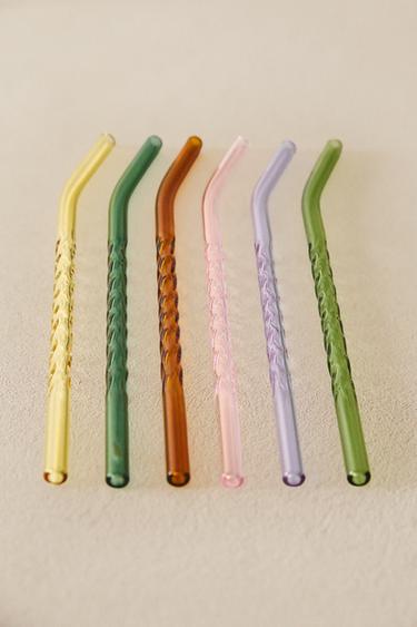 COLOURED BOROSILICATE GLASS STRAW PACK (PACK OF 6) - Greens by Zara