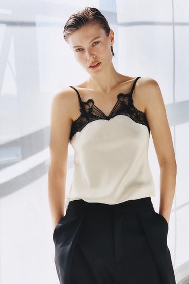 Zara ZW COLLECTION CONTRAST LACE TOP - Ecru