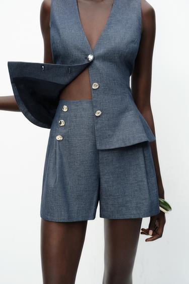 BUTTON DETAIL BERMUDA SHORTS IN A LINEN BLEND - Light indigo by Zara
