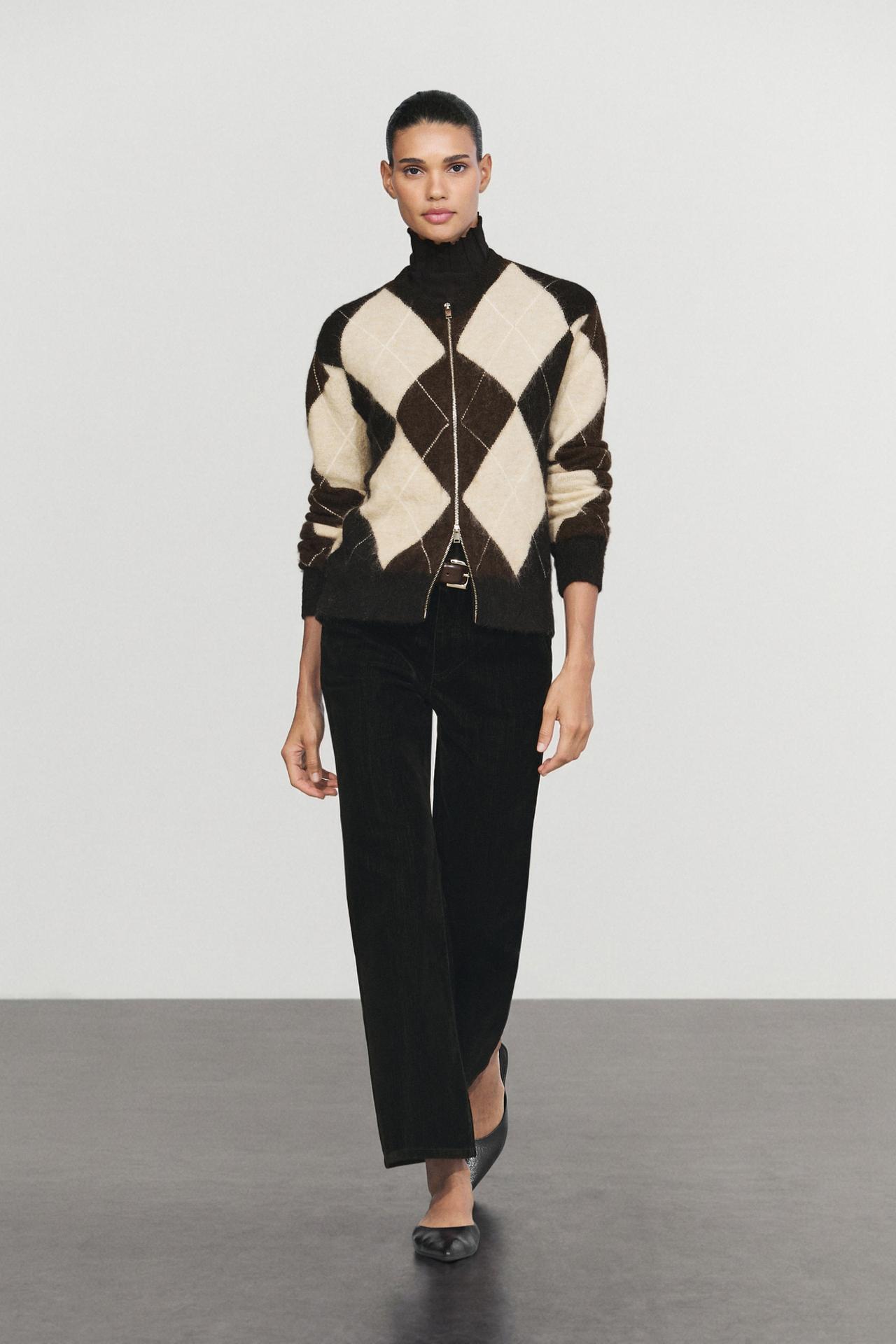 Wool-blend zip-up cardigan with diamond pattern — Pearl marl