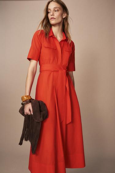 VESTIDO POPELÍN ZW COLLECTION - Coral de Zara