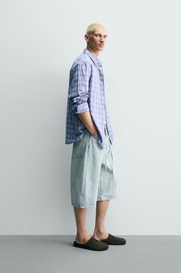 EMBROIDERED BAGGY FIT DENIM JORTS - Light blue by Zara - Image 3