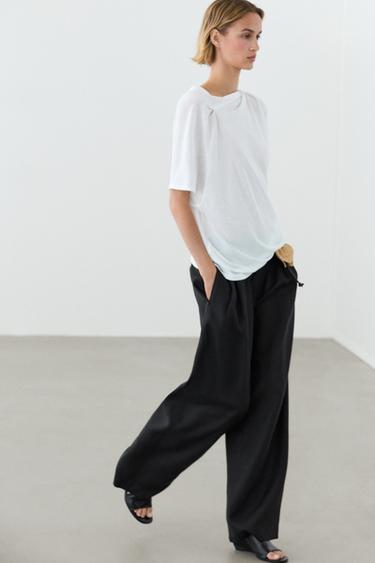 Pantalon jambe large plis lin - Noir de Zara