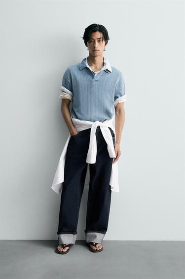 WASHED TEXTURED KNIT POLO SHIRT - Faded blue by Zara - Image 0