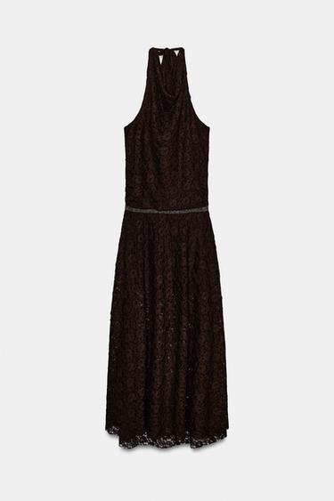 HALTERNECK LACE DRESS WITH SPARKLES - Chocolate by Zara
