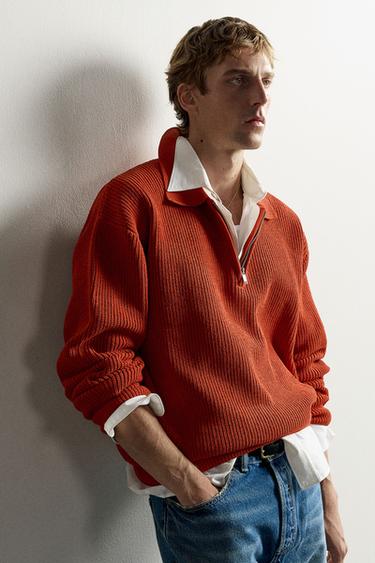 QUARTER-ZIP KNIT POLO SHIRT - Red / Orange by Zara