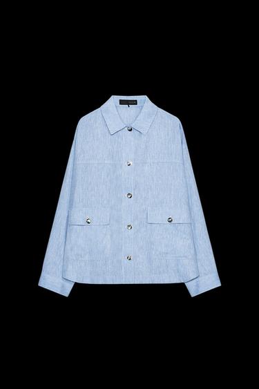 Zara LINEN OVERSHIRT - Light blue