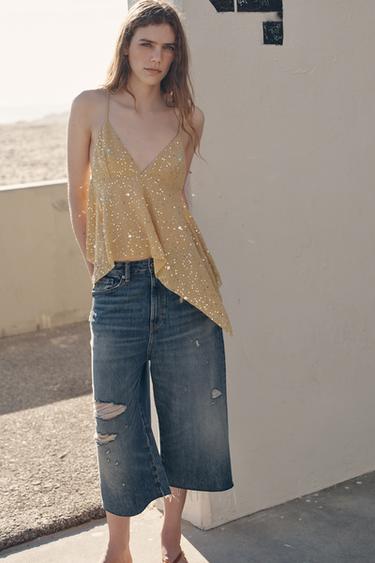SEQUINNED STRAPPY TOP - Golden by Zara