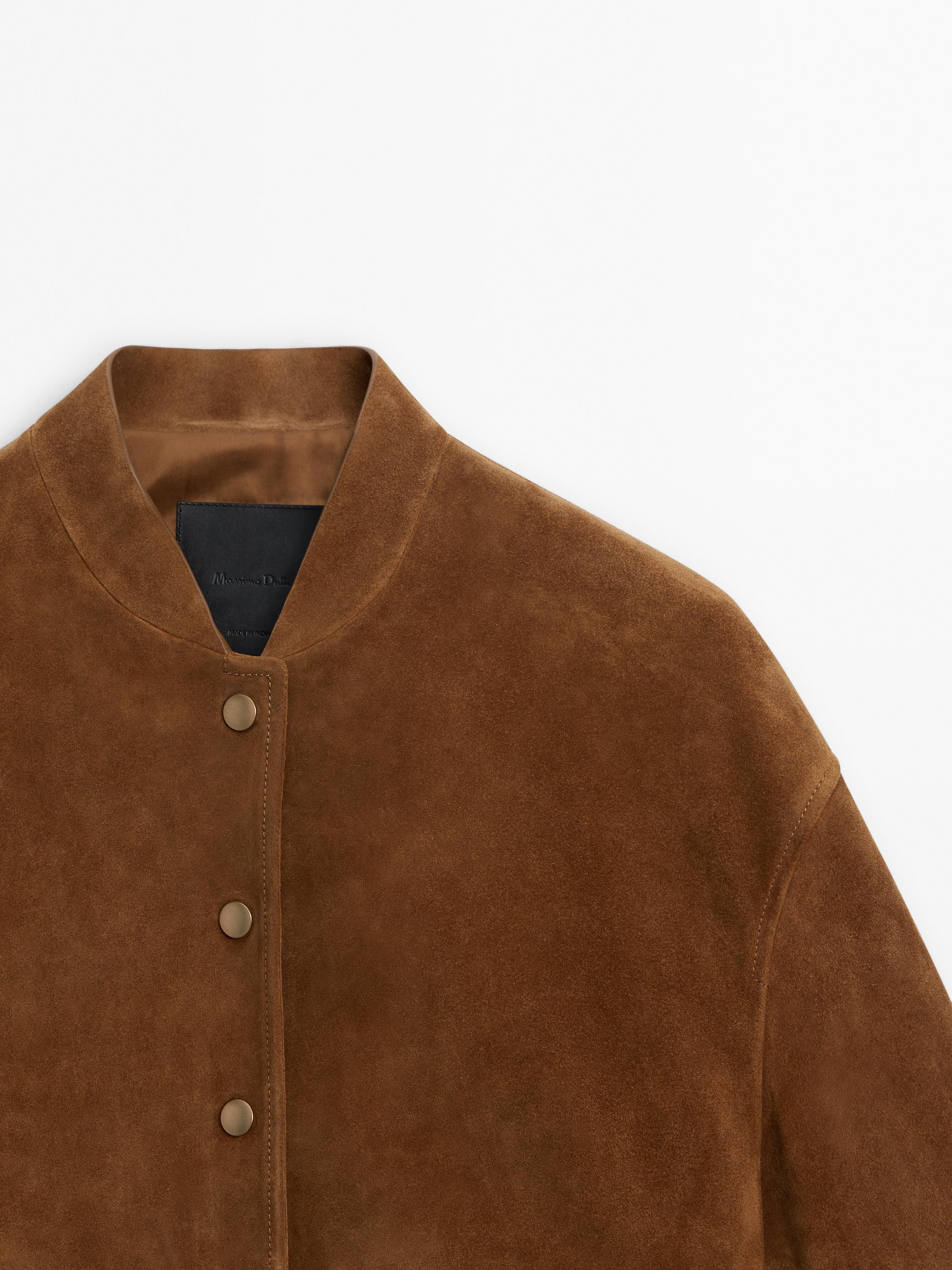 Suede leather bomber jacket with gold snap buttons · Brandy