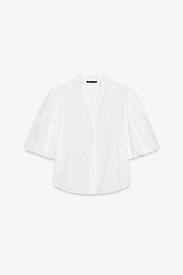 SHIRT WITH CUTWORK EMBROIDERY AND PUFF SLEEVES - White by Zara - Image 7