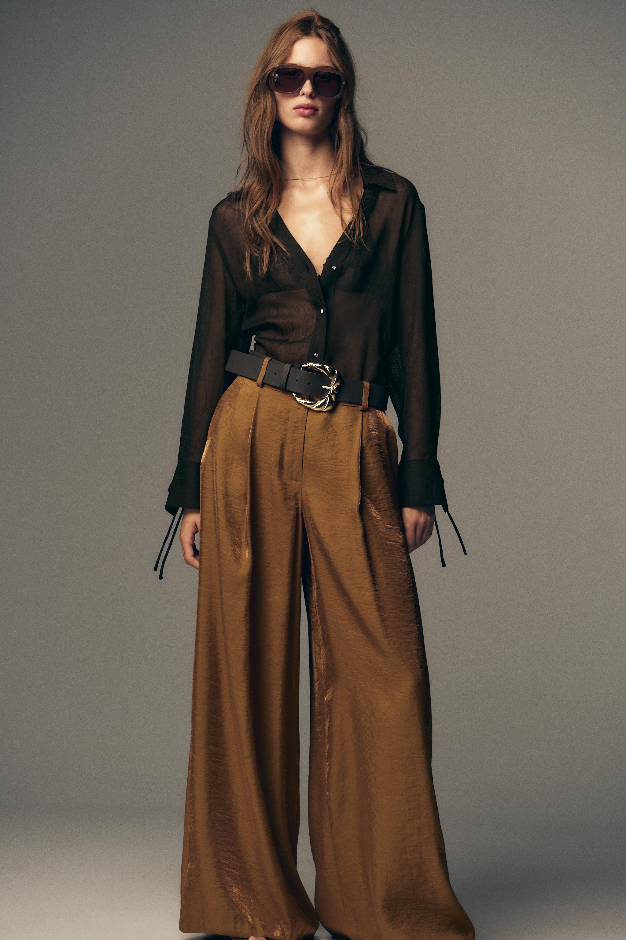 SATIN WIDE LEG BELTED PANTS