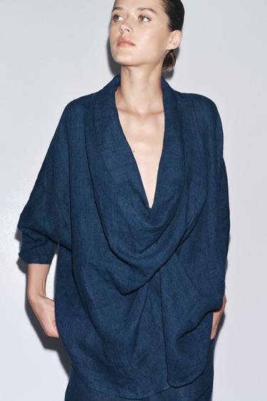 100% LINEN DRAPE BLOUSE ZW COLLECTION LIMITED EDITION - Indigo by Zara