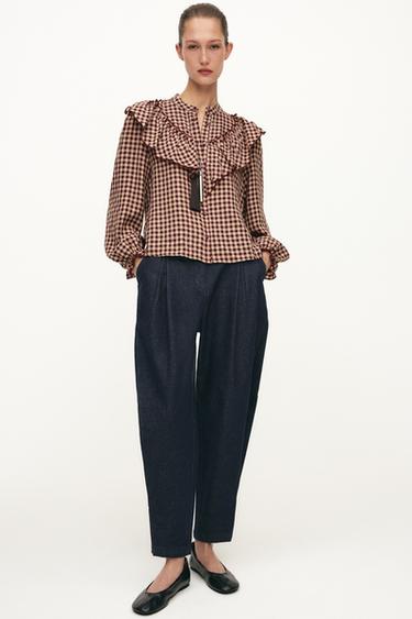 GINGHAM BLOUSE WITH RUFFLES - Burgundy by Zara