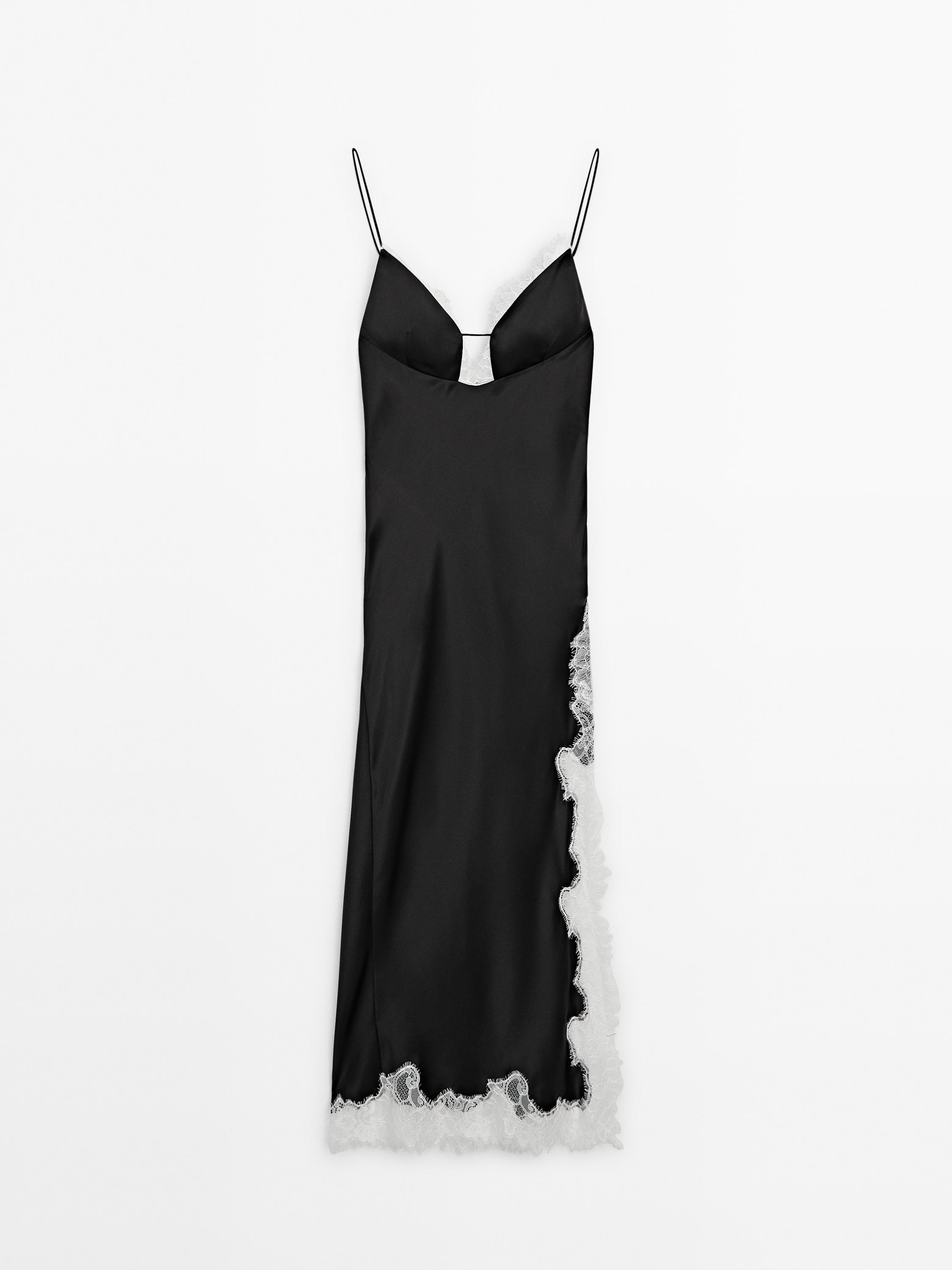 Satin camisole dress with contrast lace - Studio - Black | ZARA 