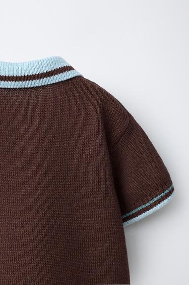 CONTRAST COLLAR KNIT POLO SHIRT - Brown-Blue by Zara - Image 3