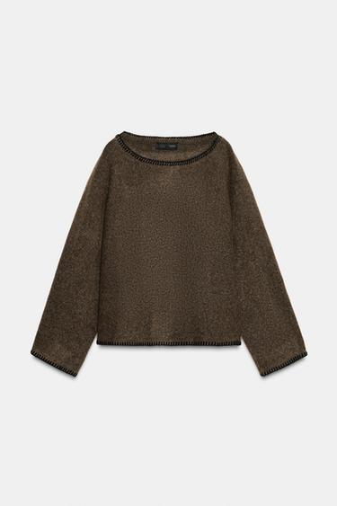 Zara CONTRAST TOPSTITCH KNIT JUMPER - Brown / Taupe