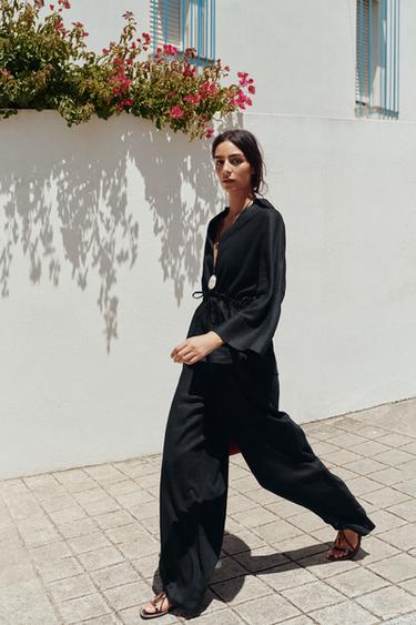 LINEN BLEND WIDE-LEG TROUSERS - Black de Zara - Image 1
