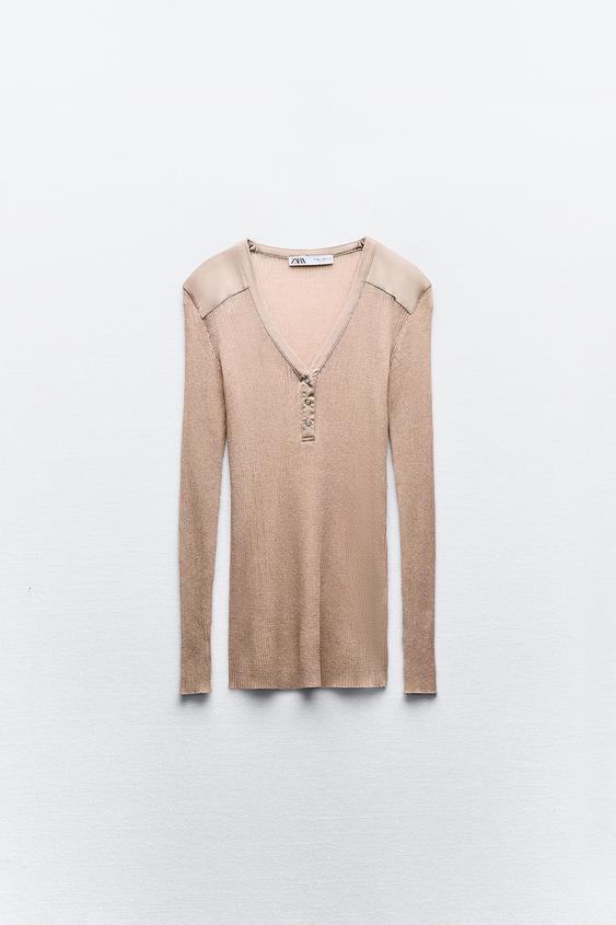 TOP DIN TRICOT COMBINAT SATINAT - Roz pal de la Zara - Imaginea 5