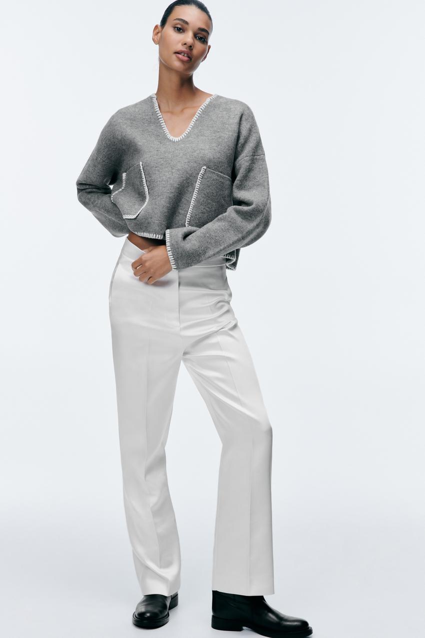 CONTRAST TOPSTITCHING CROP KNIT SWEATER - Gray marl