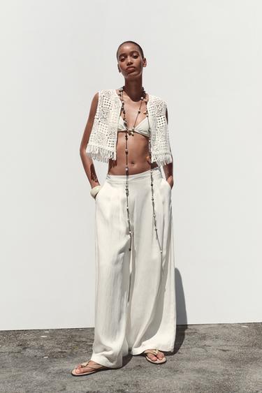 PANTALÓN ANCHO PINZAS - Blanco roto de Zara