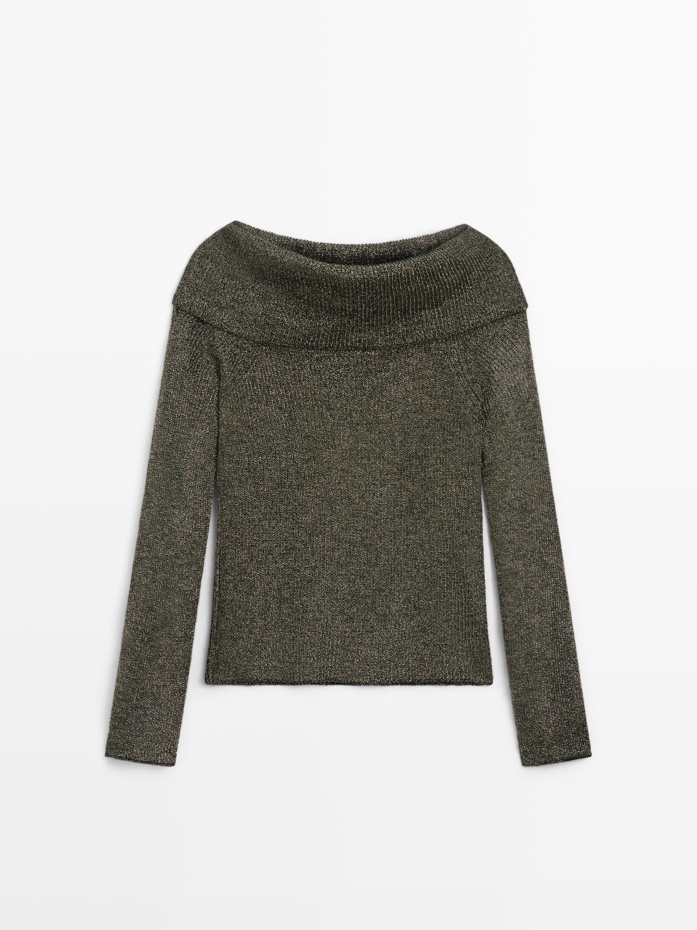 Off-the-shoulder knit sweater with metallic finish