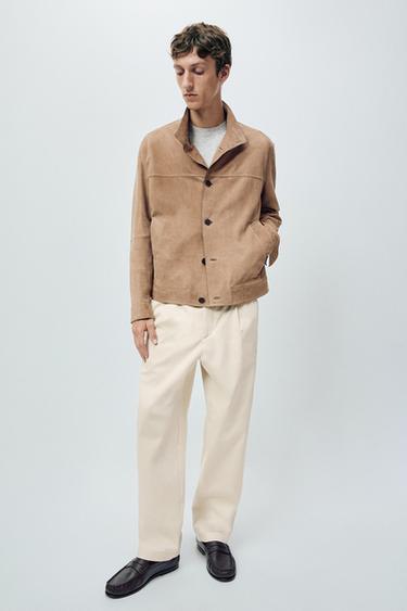 Zara Nubuck leather jacket with stand-up collar - Beige - Image 0