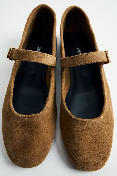 Zara SUEDE BALLET FLATS - Dark tan