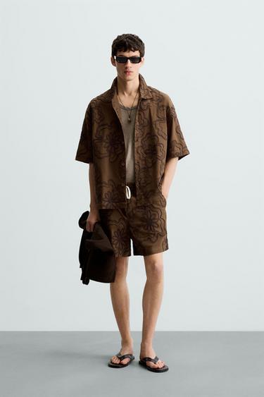 TEXTURED EMBROIDERY SHIRT - Chocolate by Zara - Image 0