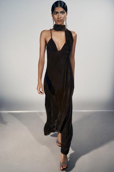 VELVET DRESS WITH SCARF DETAIL - Brown by Zara