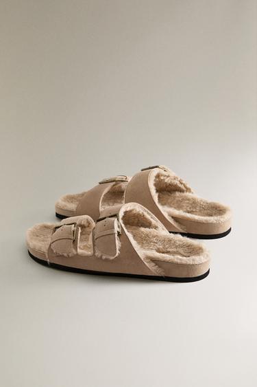 SANDALES CHAUDES EN CROÛTE DE CUIR À DOUBLE BOUCLE - Blanc écru de Zara - Image 3