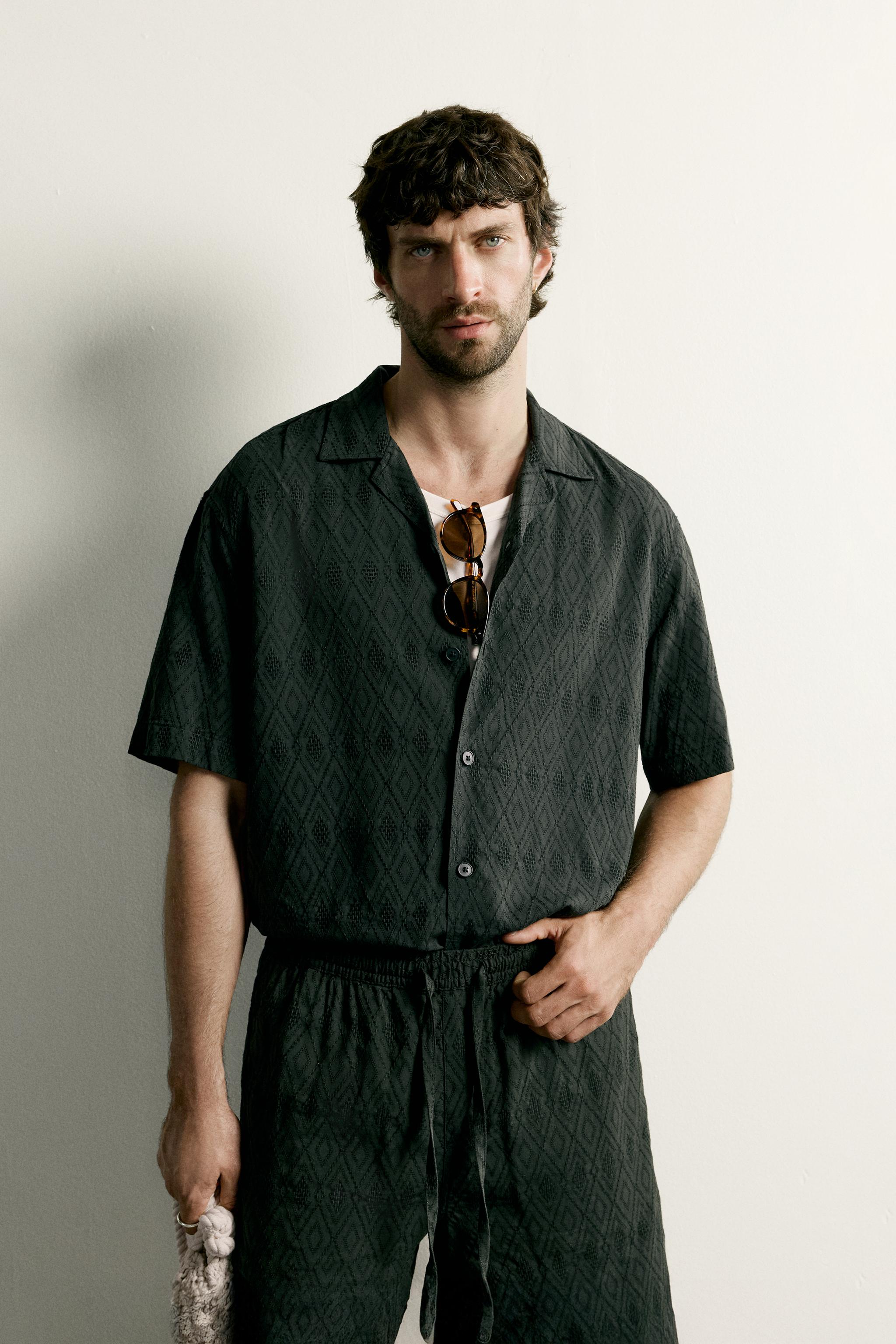 GEOMETRIC JACQUARD RELAXED FIT SHIRT — Green