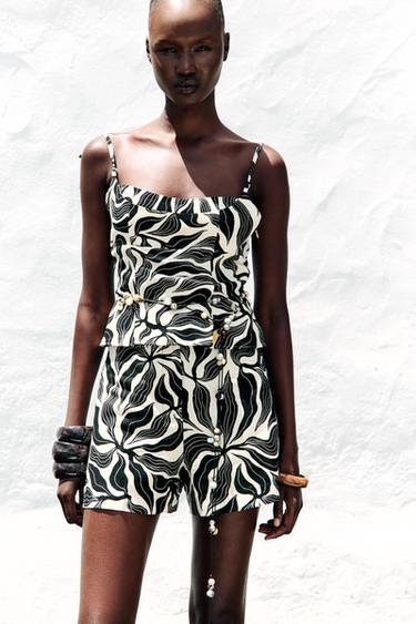 TOP IMPRIMÉ EN LIN - Noir / Écru de Zara - Image 3