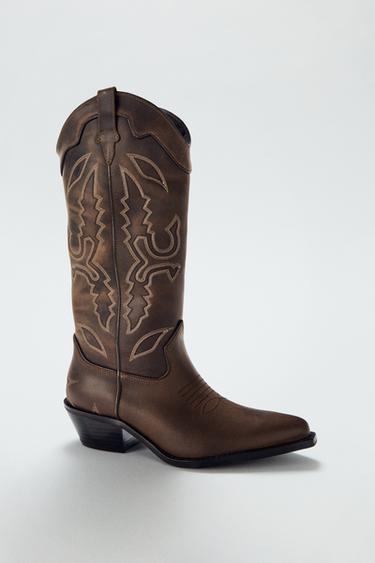 Zara LEATHER COWBOY BOOTS - Brown