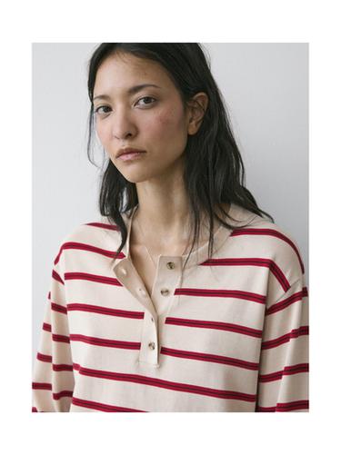 Zara Striped knit cotton henley sweater - Red